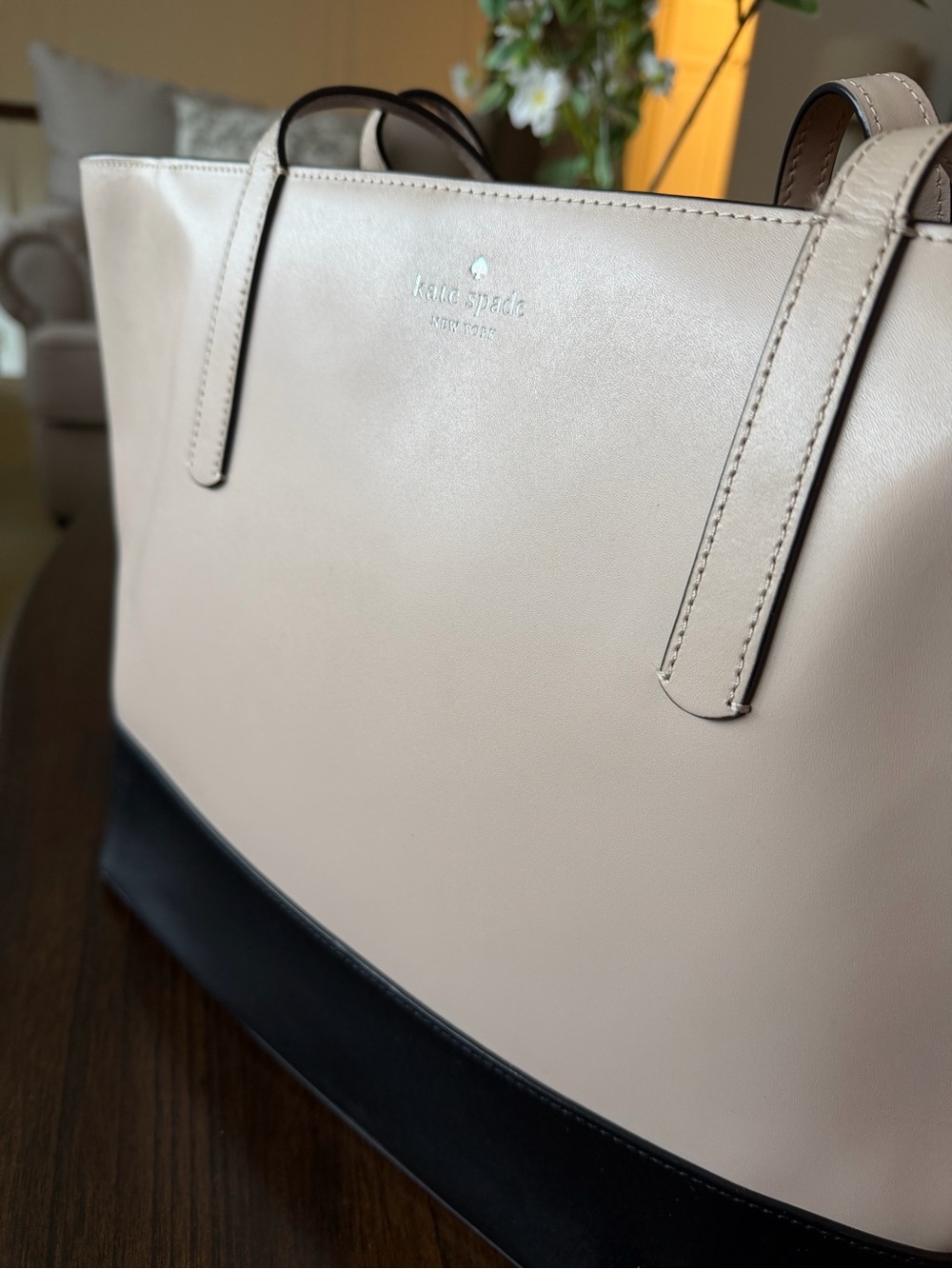 kate spade two-tone leather tote in blush and black